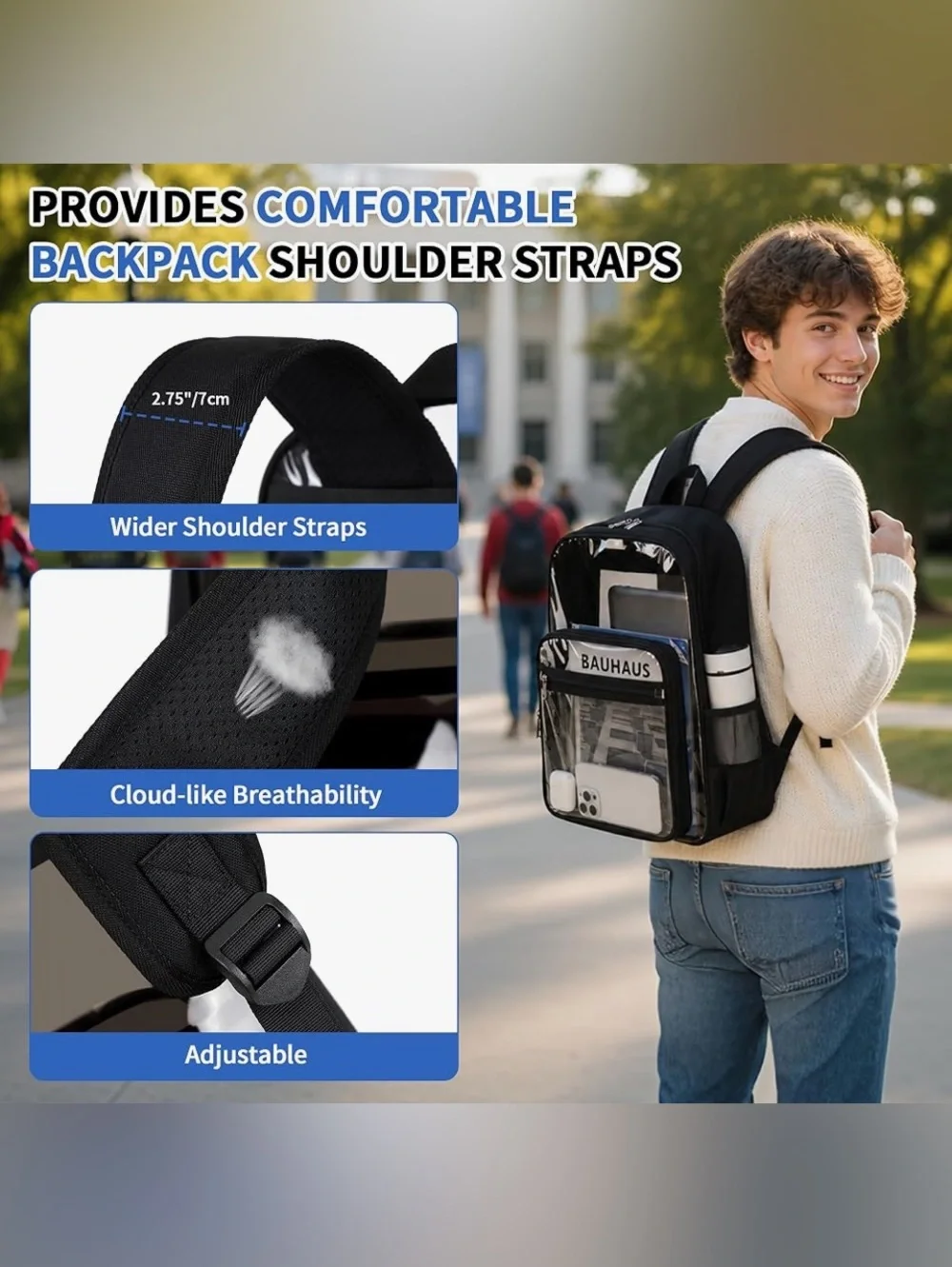 Clear Front Black Backpack with Front Pocket